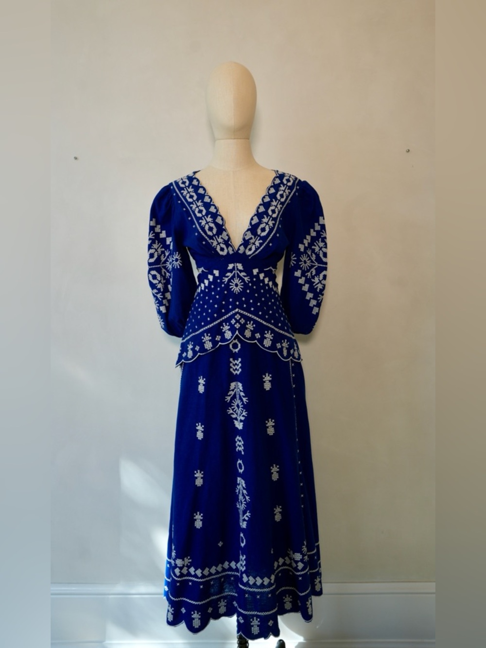 Farm Rio Blue Embroidered V‑Neck Maxi Dress